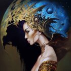 Ornate Gold Headpiece Woman with Flowing Hair in Mystical Cloud