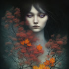 Surreal portrait of woman with blue eyes and red roses merging.