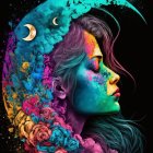Colorful Woman with Floral and Butterfly Motifs in Abstract Cosmic Scene