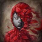 Surreal portrait of person in red rose gown with butterfly