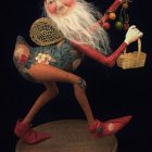 Whimsical elf-like character with a large smile, long white beard, and red hat holding a