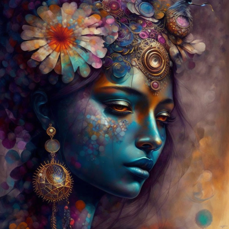 Colorful surreal portrait of woman with floral headdress and butterfly