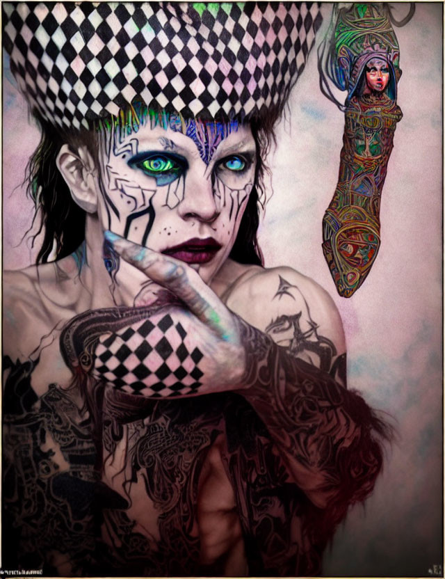 Colorful Portrait of Person with Tattoos, Green Eyes, and Checkered Hat