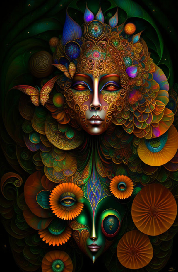 Symmetrical digital artwork of face with ornate patterns and peacock feathers