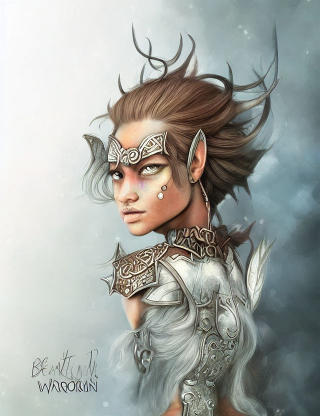 Illustration of female warrior in silver armor with face paint, misty backdrop