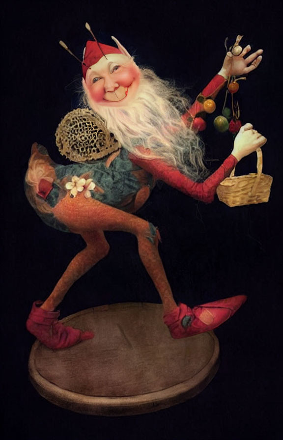 Whimsical elf-like character with a large smile, long white beard, and red hat holding a