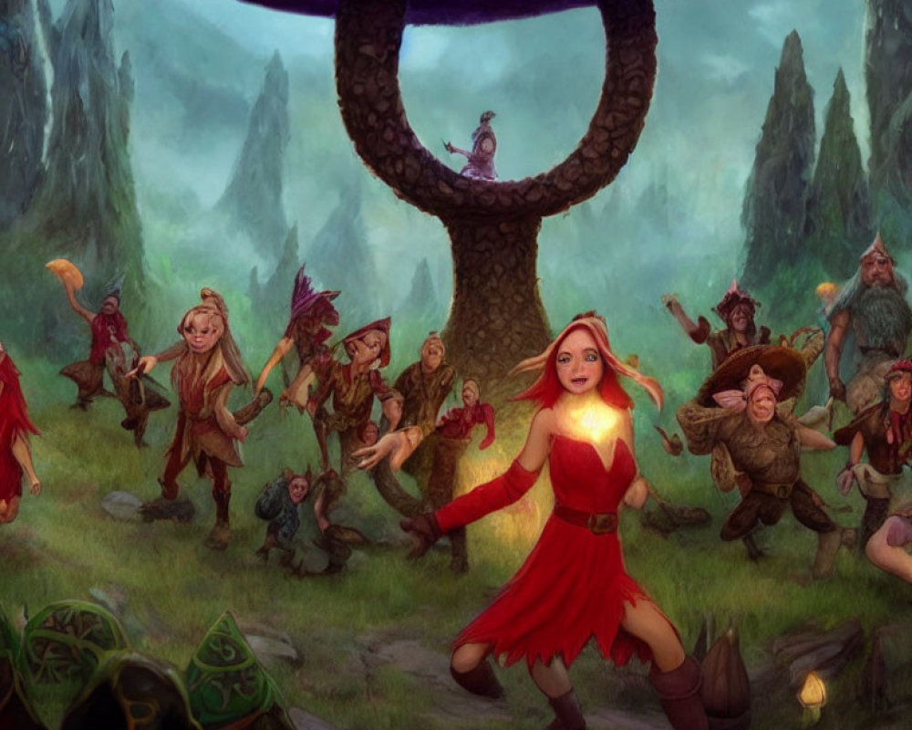 Colorful Forest Gathering with Dwarves and Dancing Woman