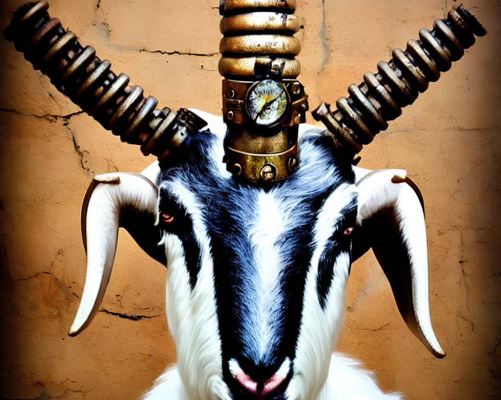 Steampunk-themed goat with ornate headpiece on tan wall.