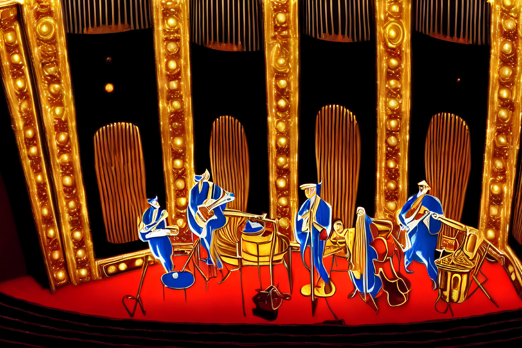 Animated jazz band performance on glamorous stage with golden curtains and lights.
