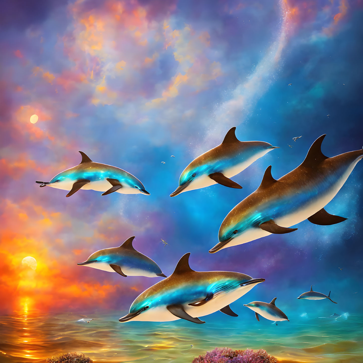Surreal artwork: Dolphins leaping under starry sky reflected in water.