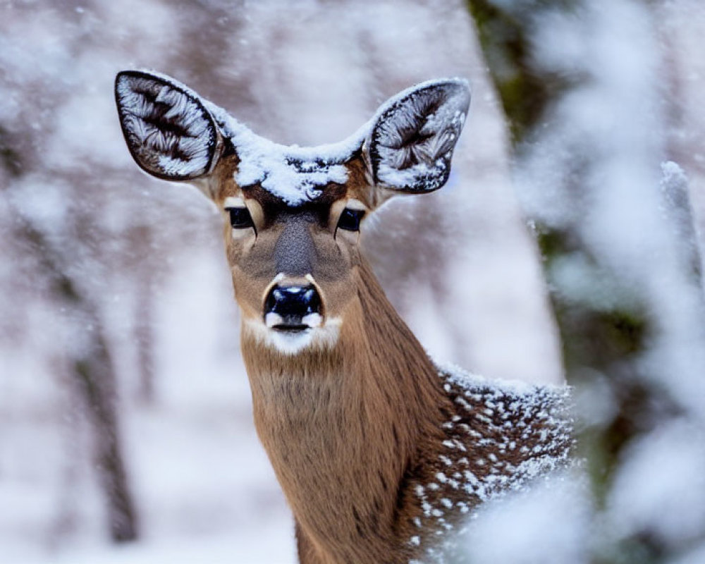 Snowy forest scene: deer with large ears in focus