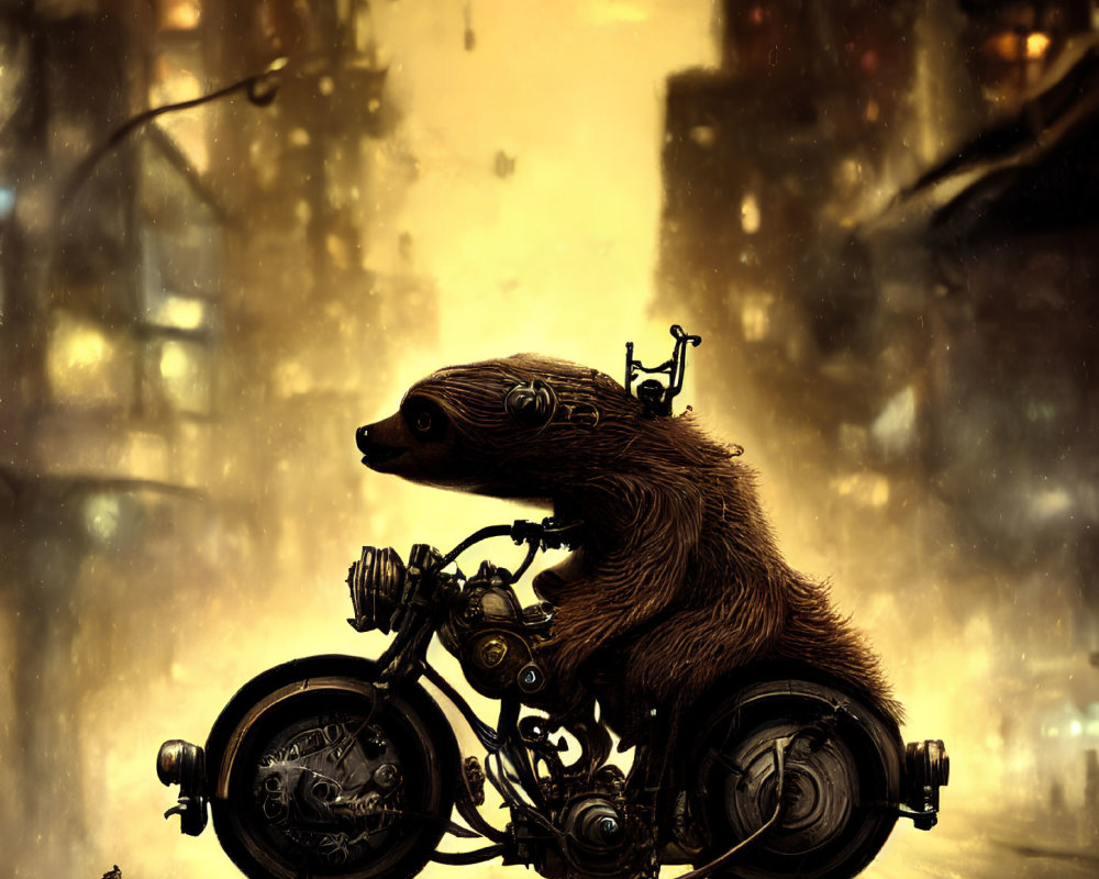 Fantastical illustration: Sloth on mechanical bike in dystopian cityscape