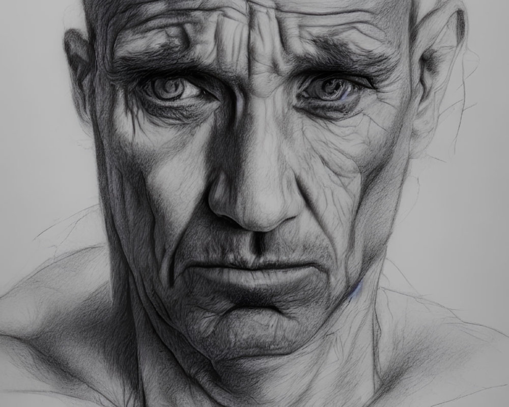 Detailed monochrome sketch of a bald man with deep-set eyes and facial wrinkles.