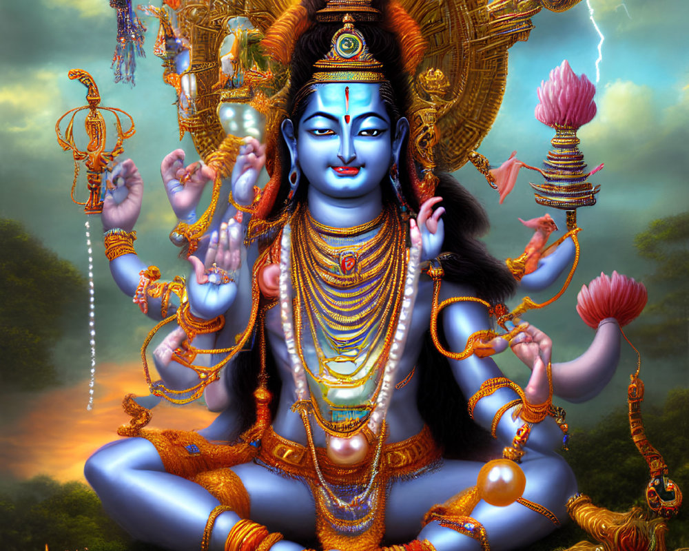 Blue-skinned multi-armed deity in mystical forest with fire halo