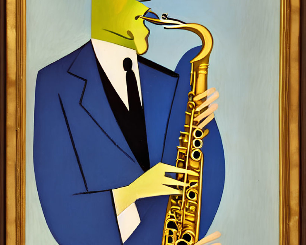 Stylized painting of a green-faced figure playing saxophone