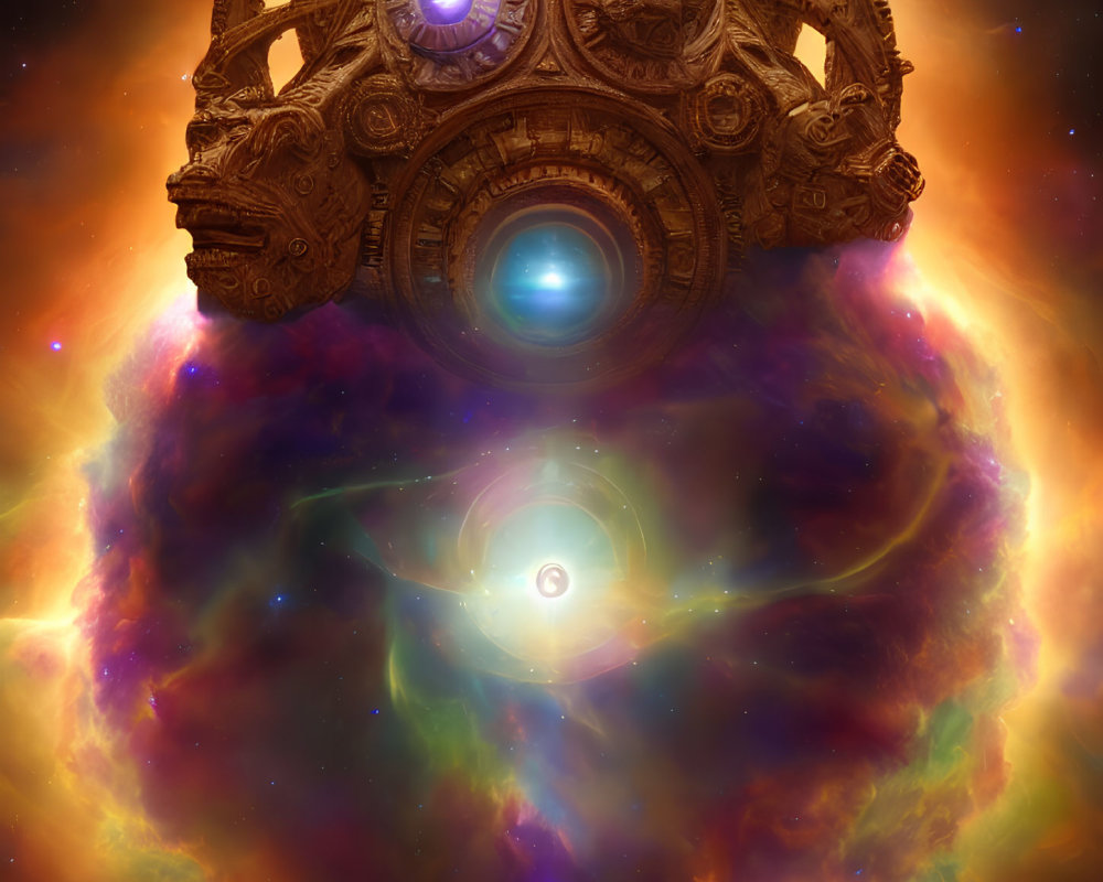 Intricate cosmic gateway in vibrant nebula