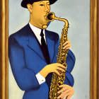 Stylized painting of a green-faced figure playing saxophone