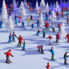 Colorful Skiing Scene on Snowy Slope with Illuminated Trees