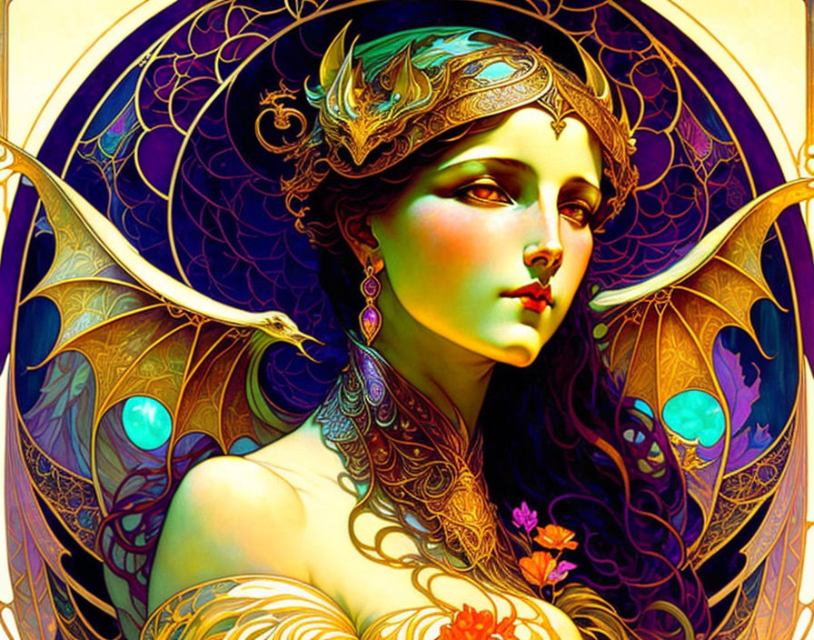 Colorful Art Nouveau-inspired portrait of a woman with ornate headgear and jewelry