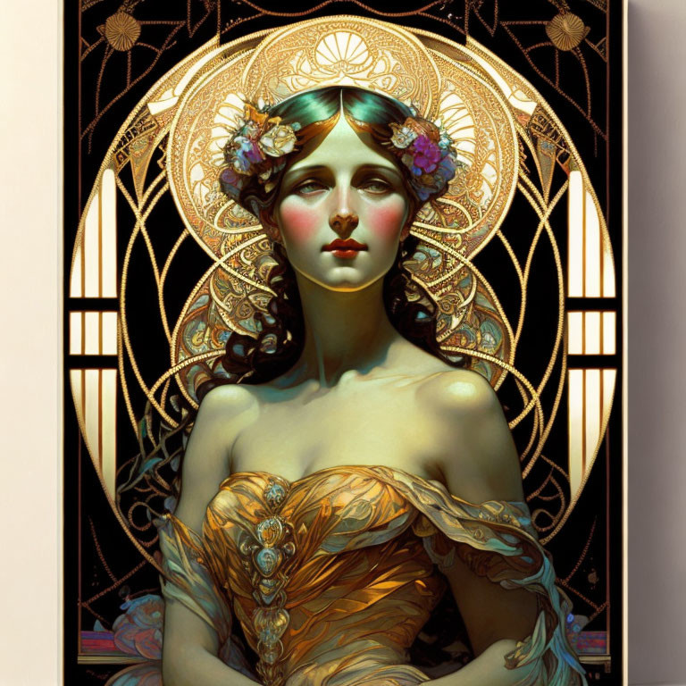 Art Nouveau Woman Illustration with Floral Headband and Golden Dress