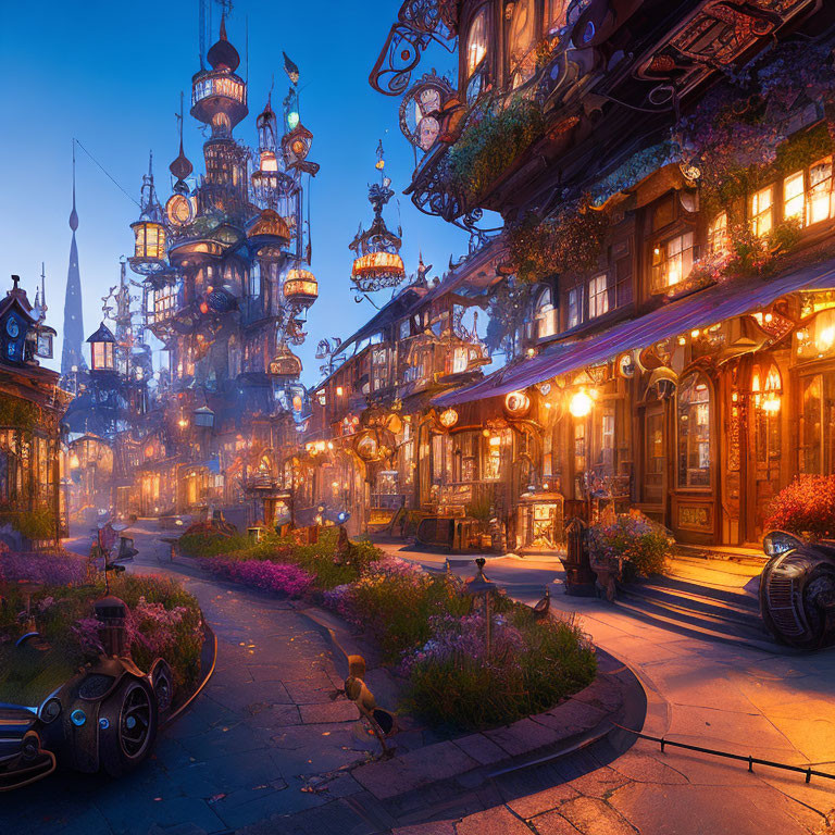 Twilight city street with vintage shops, cobblestone pathways, whimsical towers, and a vintage