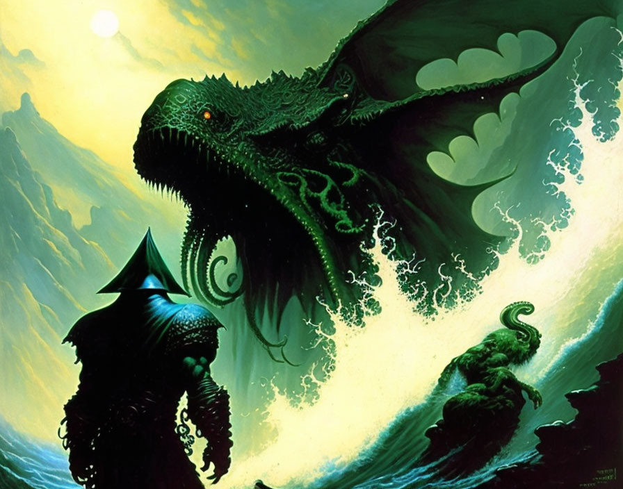 Wizard confronting green dragon in ocean waves under yellow sky