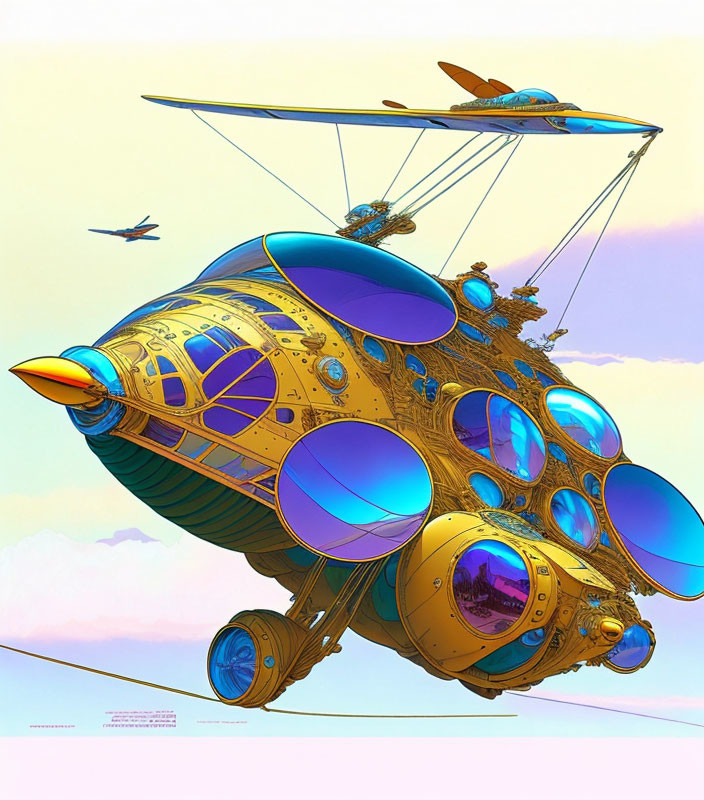 Fantastical airship illustration with colorful details in pastel sky