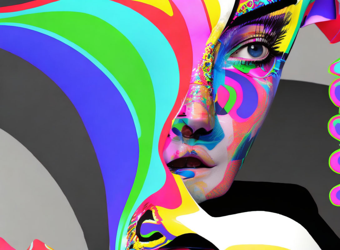 Vibrant digital portrait with neon abstract patterns on grey backdrop