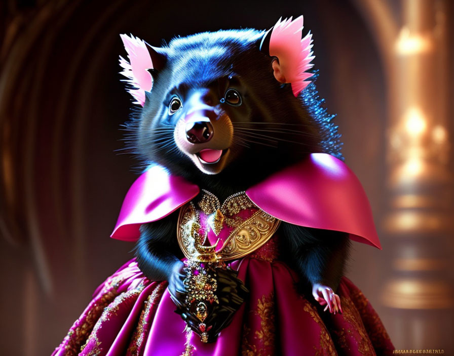 Anthropomorphic black bear in regal attire with pink cape and golden necklace