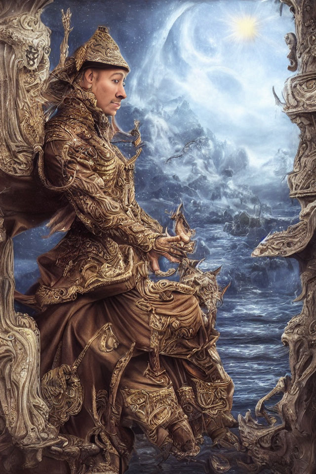 Regal figure in golden armor in surreal moonlit cloudscape