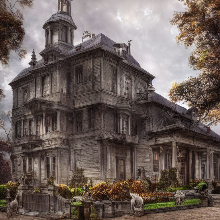 Ornate Wooden Mansion Surrounded by Autumn Trees and Statues