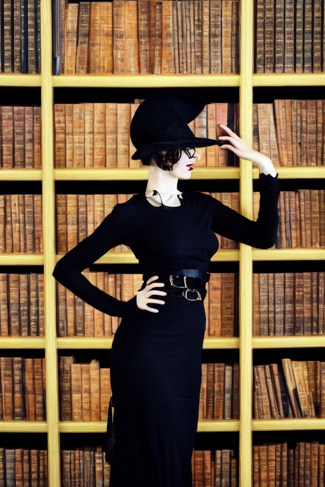 Fashionable person in black attire and hat posing by bookshelf ladder and aged books