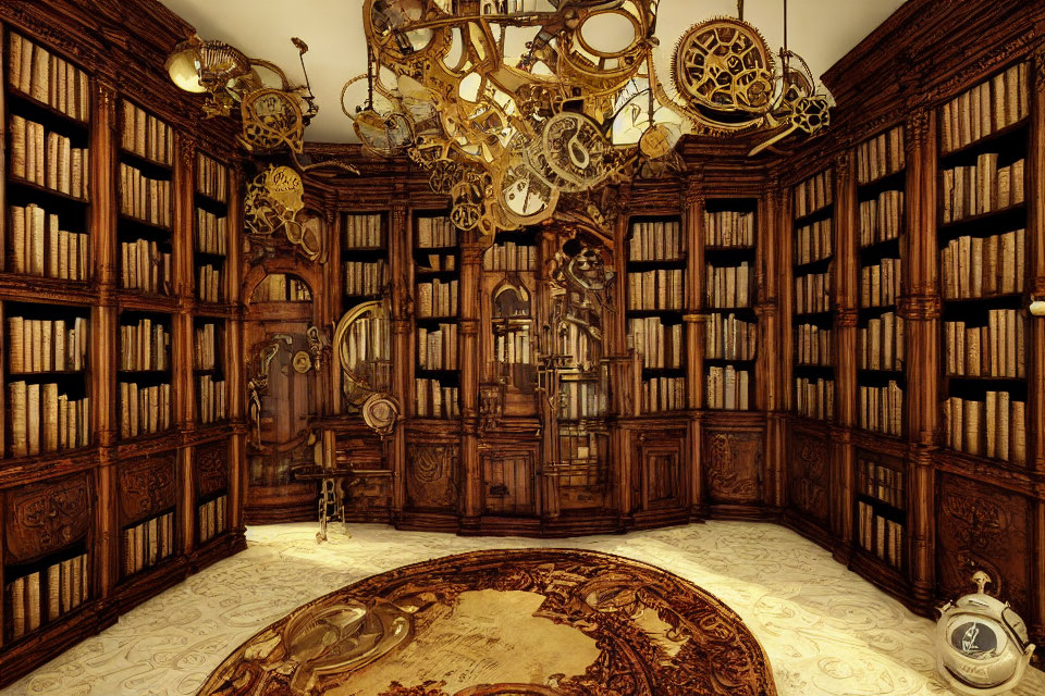 Steampunk-themed library with gear-driven decor and whimsical clock