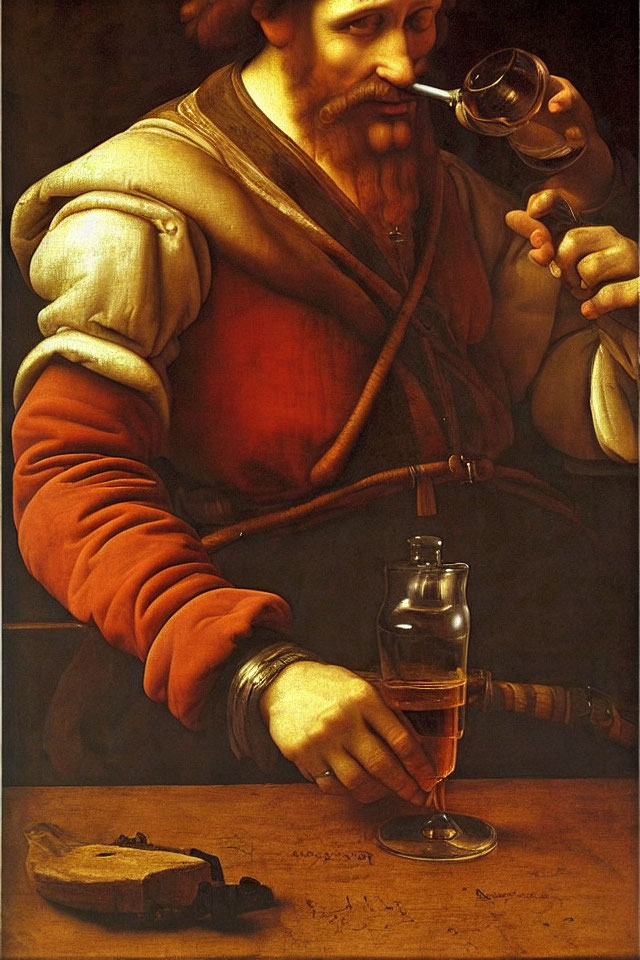 Bearded man in renaissance attire lighting pipe with glass ember holder