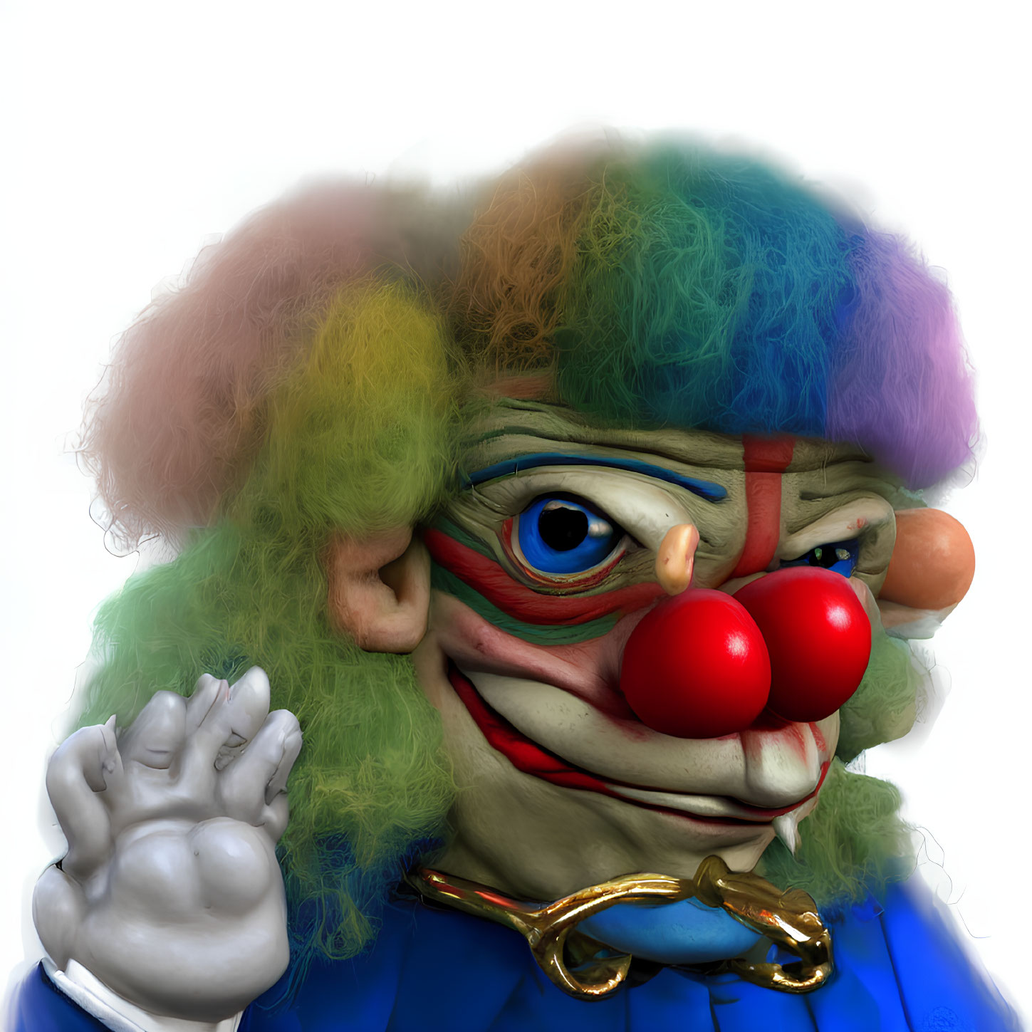 Colorful Clown Illustration: Blue Outfit, Rainbow Hair, Big Red Nose