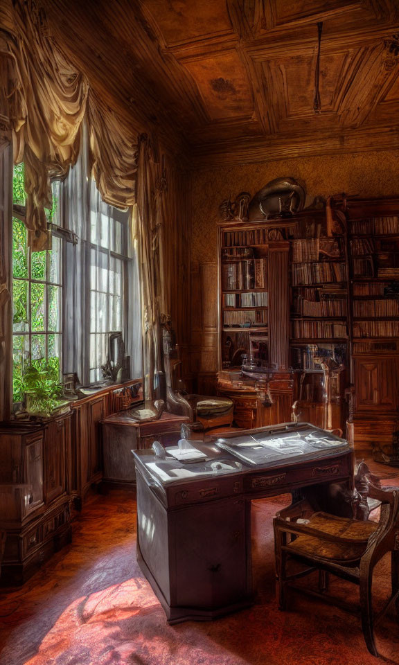 Vintage study room with large window, bookshelves, classic desk, globe, and warm natural light