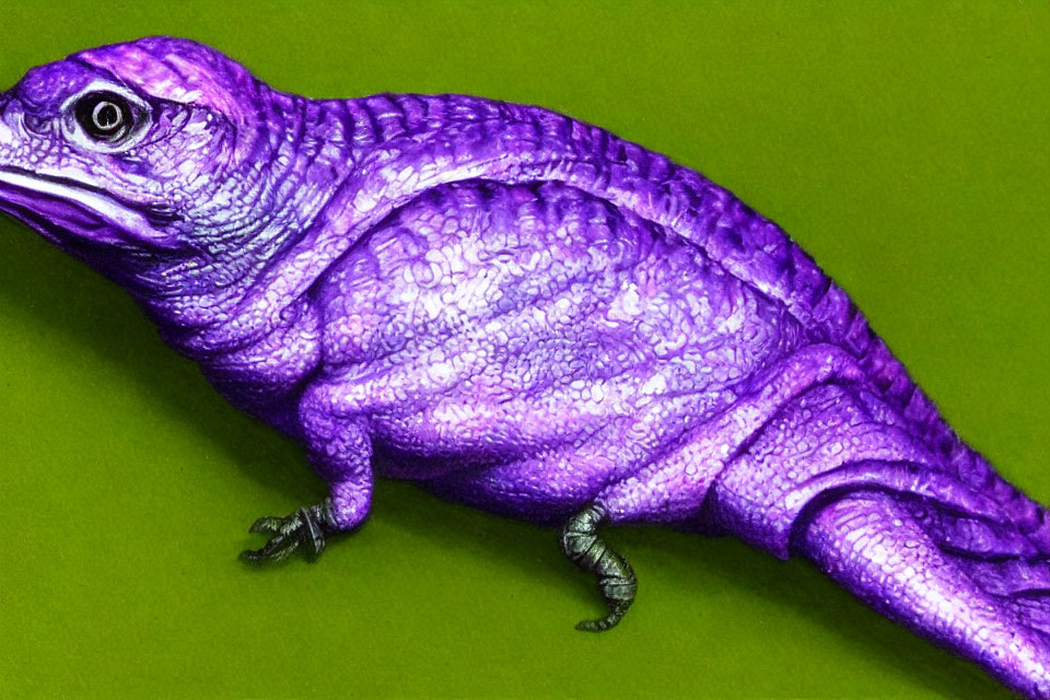 Digitally altered purple reptile on green background