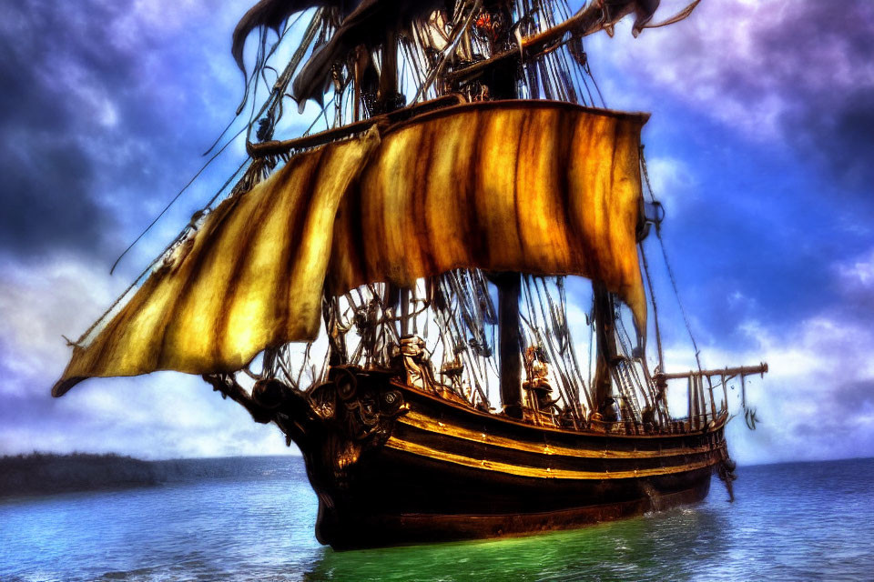 Weathered sailing ship on calm waters under dramatic sky