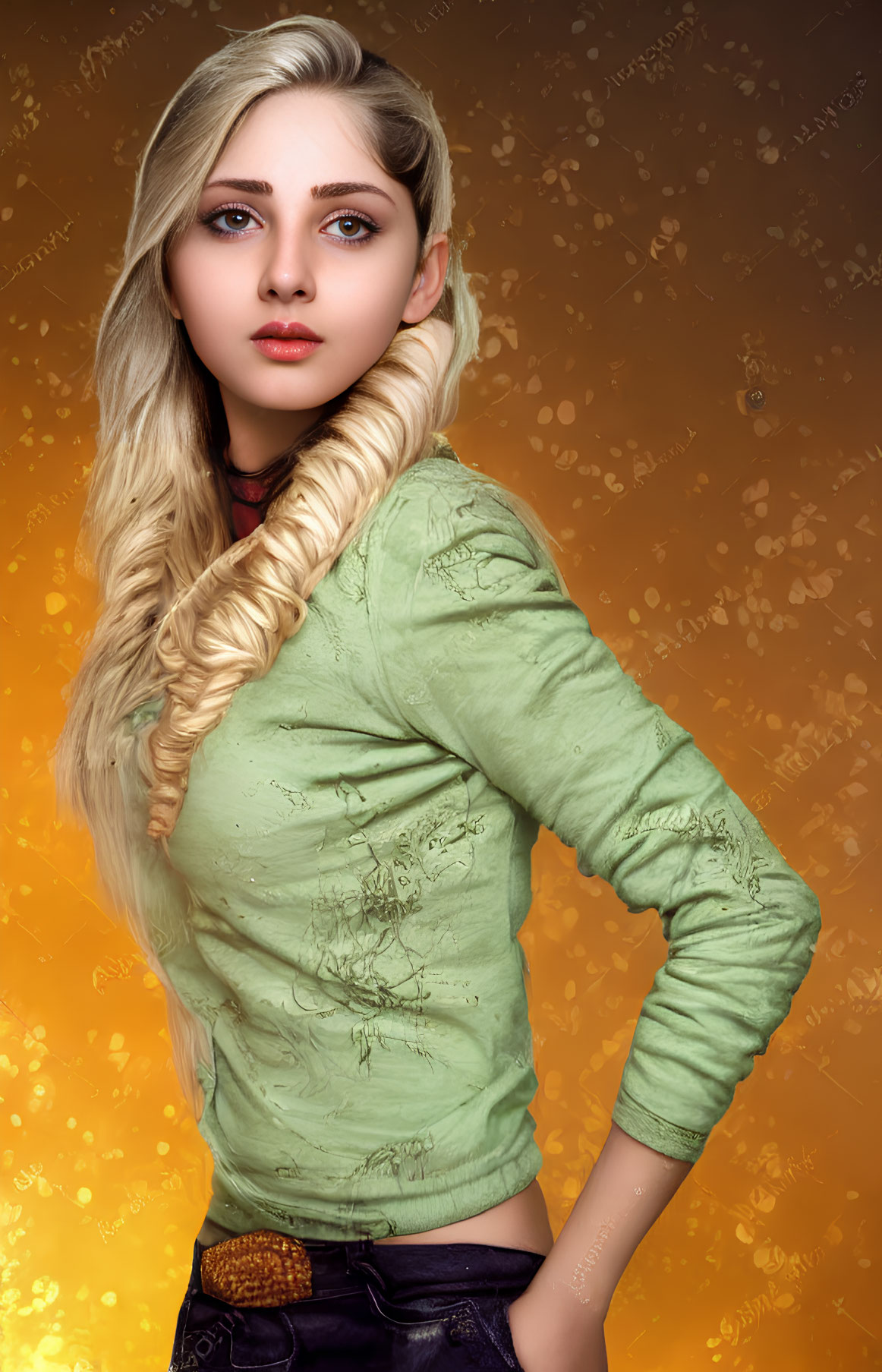 Blue-eyed woman with side braid in green top on warm yellow backdrop
