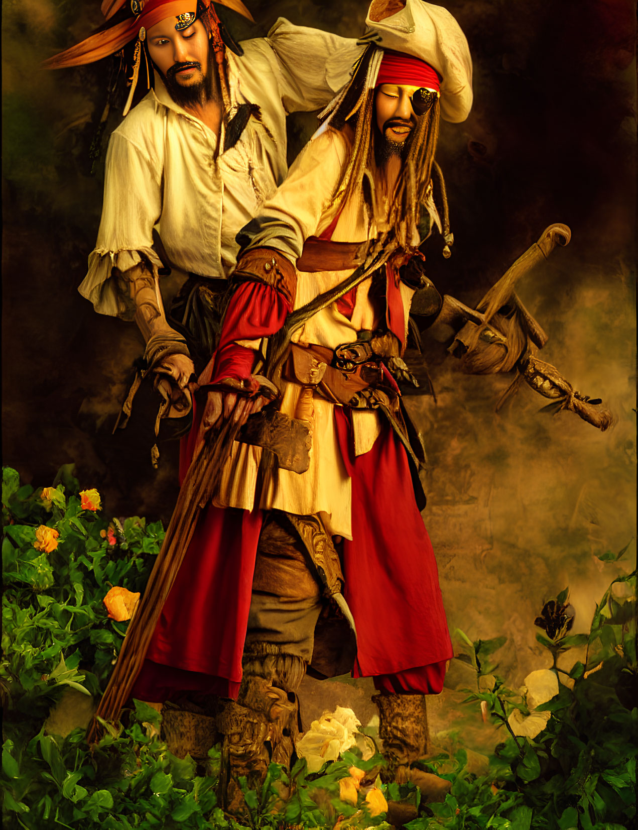 Pair of pirates in elaborate costumes with swords among roses