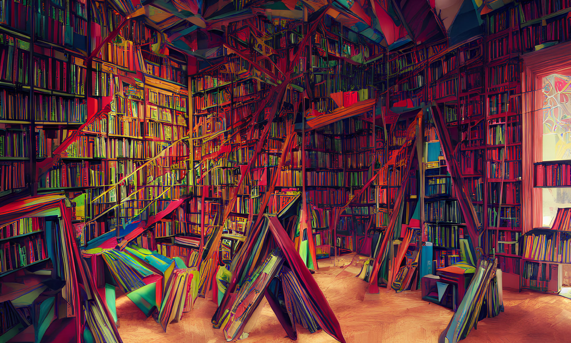 Chaotic library with haphazardly arranged books and ladders in vibrant room