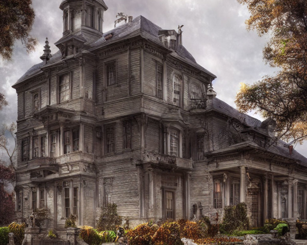 Ornate Wooden Mansion Surrounded by Autumn Trees and Statues