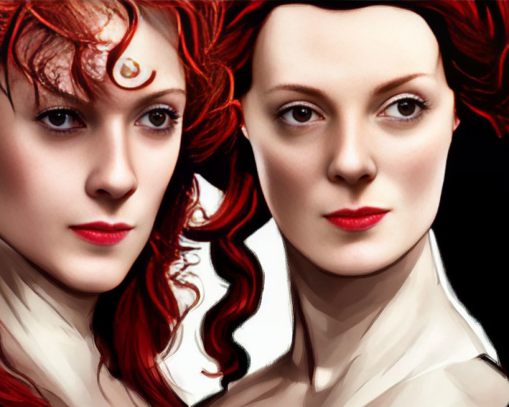 Two women with porcelain skin and curly red hair showcasing contrasting styles and accessories.