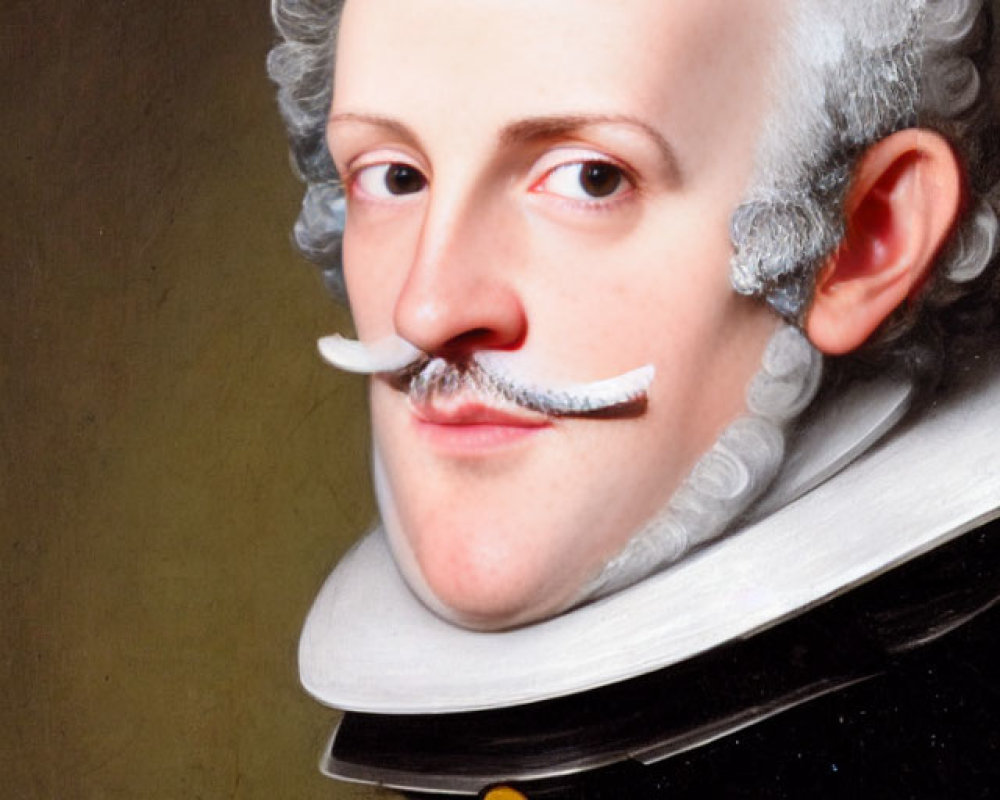 Whimsical portrait with baroque wig and modern mustache