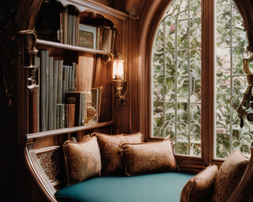 Gothic arched window reading nook with built-in bench and bookshelves