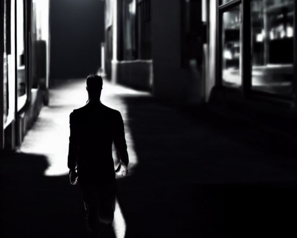 Person walking into dimly lit alley at night under single overhead light