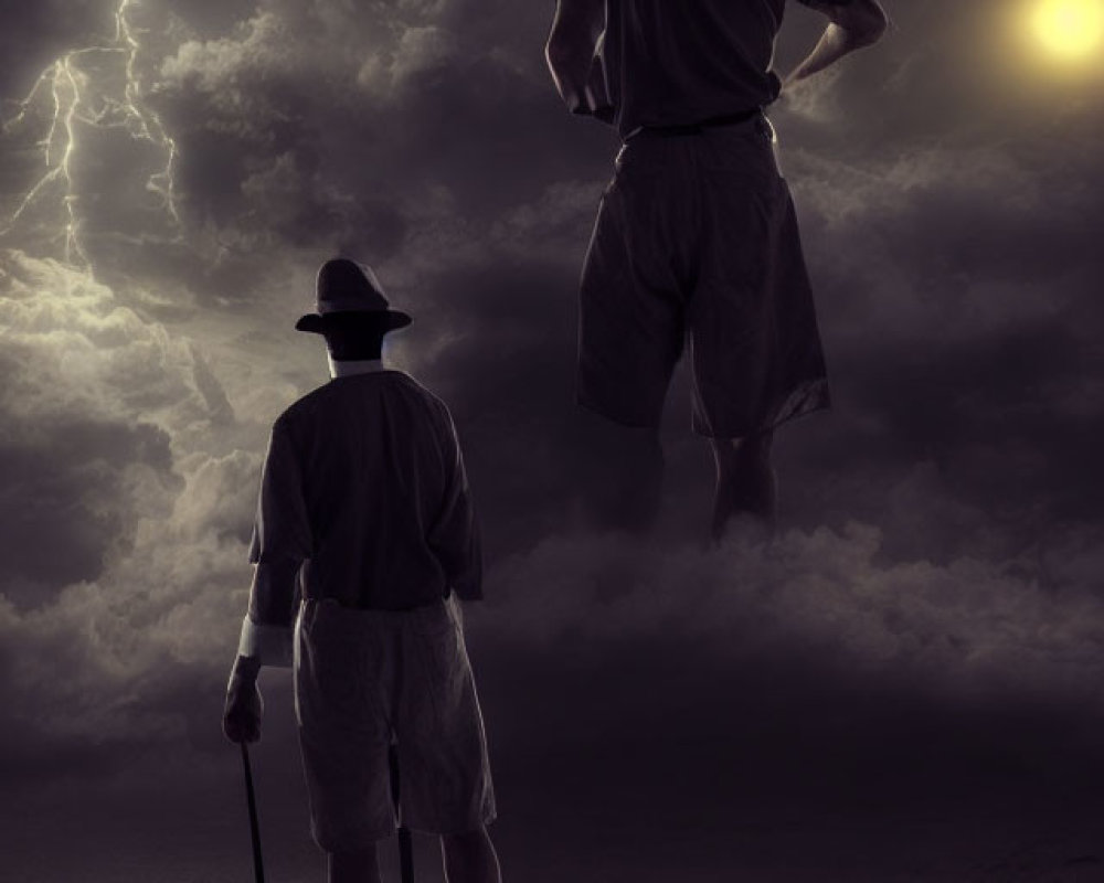 Two Figures in Suits and Hats Under Full Moon and Lightning