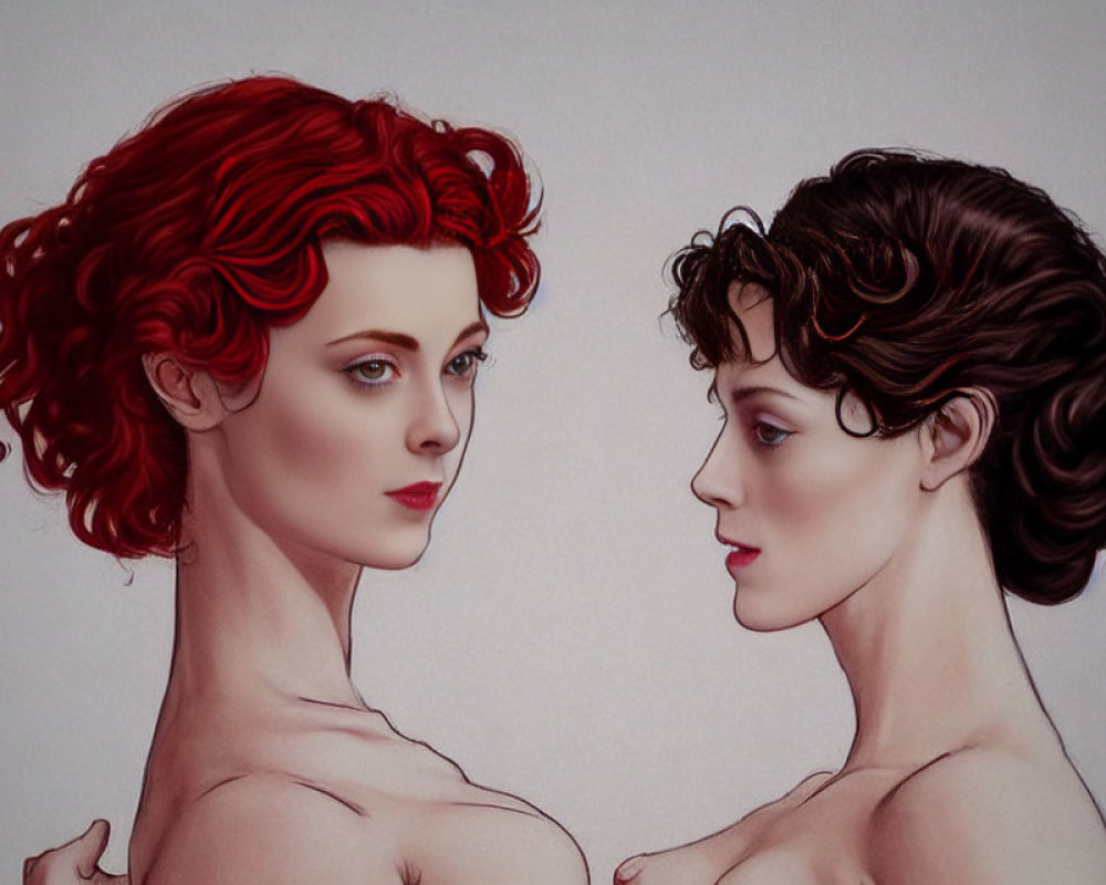 Two women with red and brown curly hairstyles in illustration.