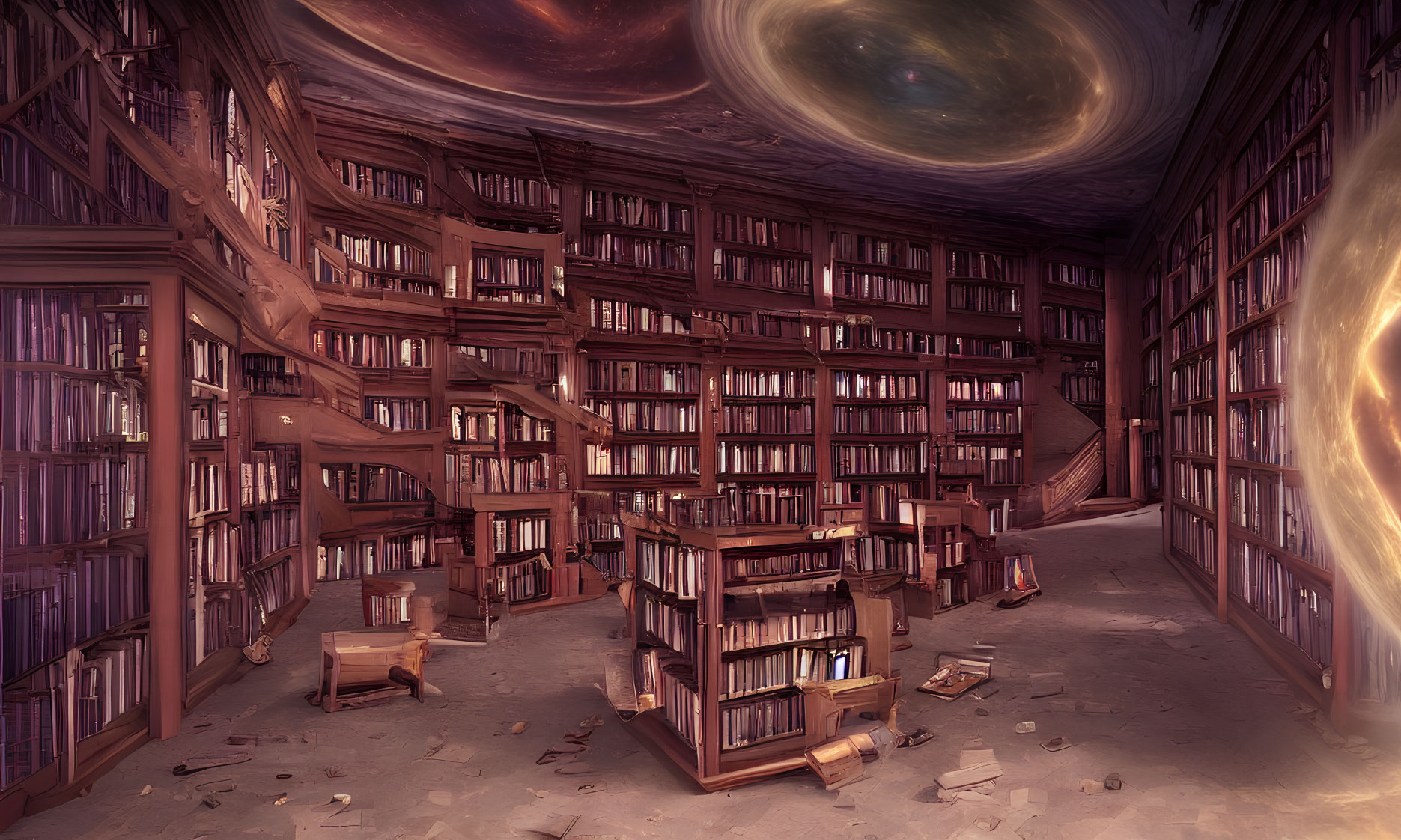 Majestic library with towering bookshelves under cosmic sky