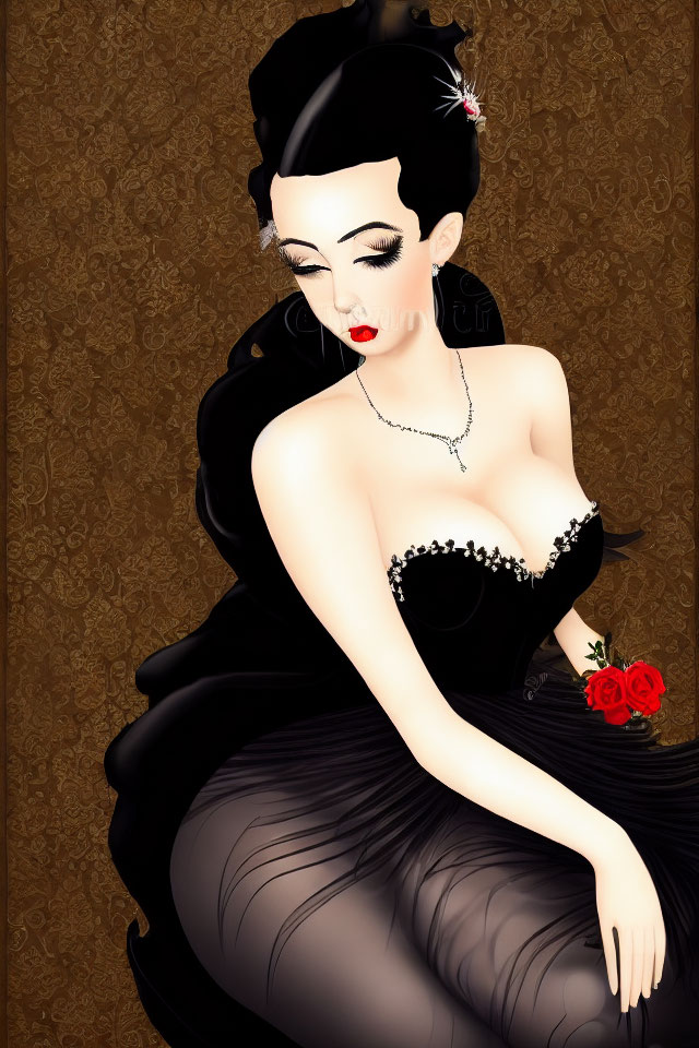 Detailed illustration of woman in black dress with plunging neckline, holding red rose.